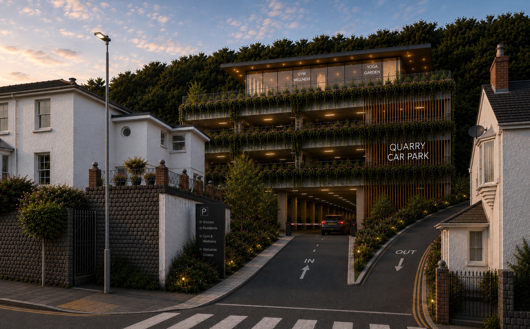 Quarry Car Park concept with a planted multi-storey façade and rooftop wellness space