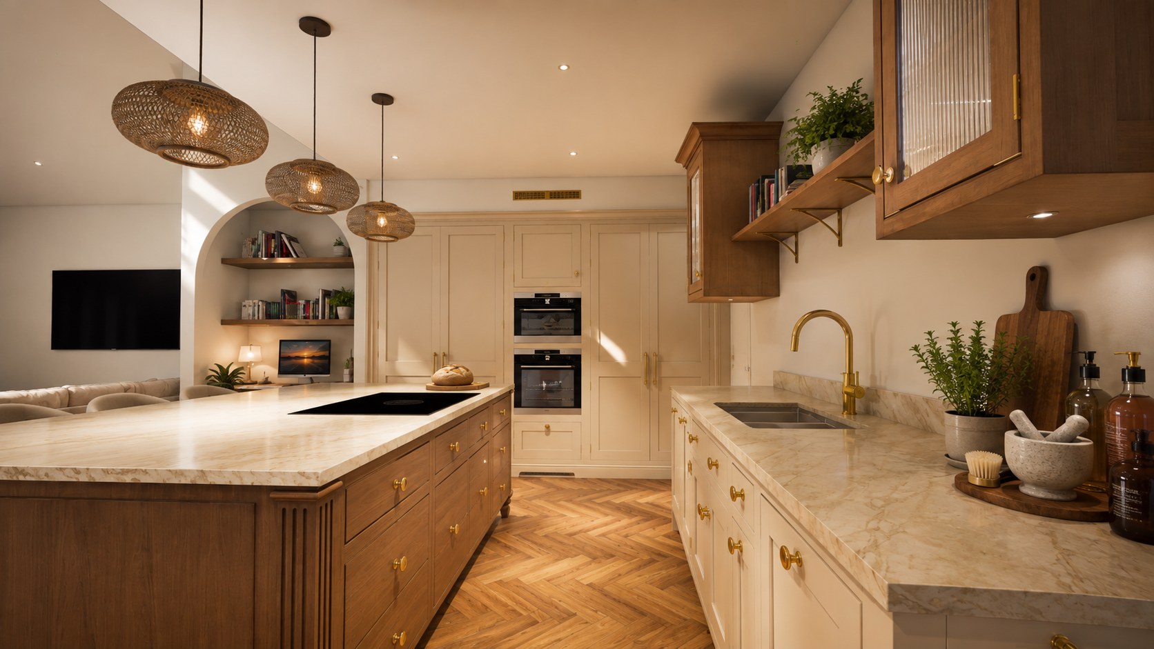 Warm contemporary kitchen interior CGI