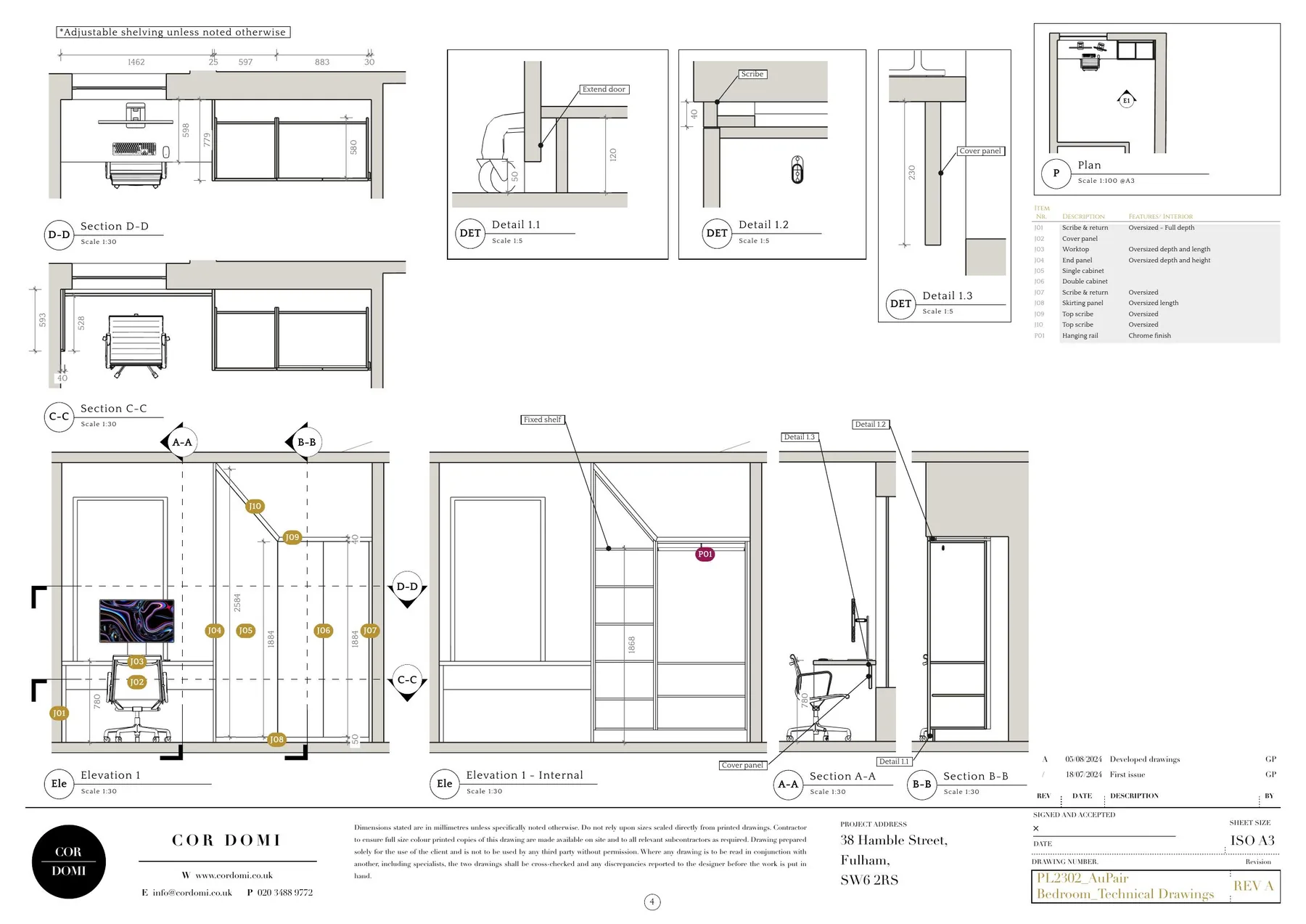 Wall panelling elevations and construction details